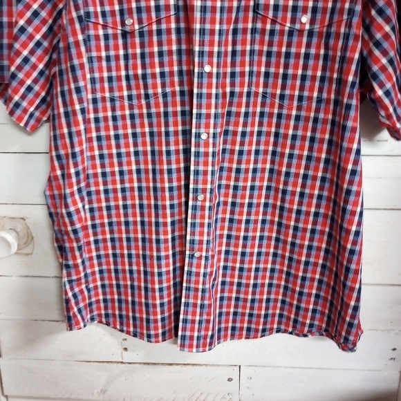 Vintage Wrangler Shirt Men's Pearl Snap XXL Red White Blue Short Sleeve Western - Picture 3 of 8